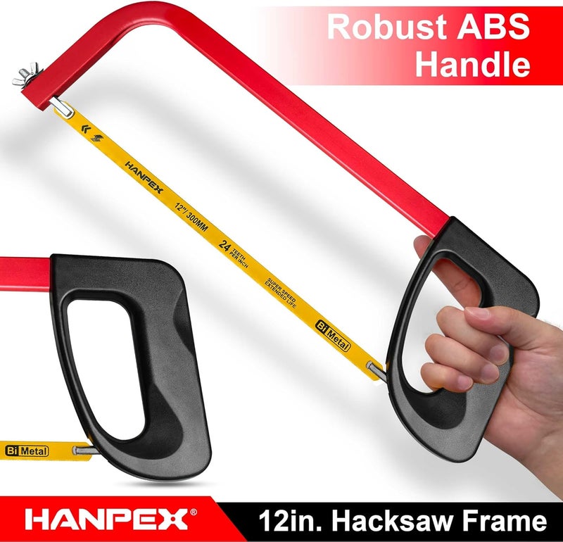 Hanpex 12in. High-Tension Hacksaw Frame with 24 TPI Bi-metal Blade, Hand Saw Suitable for Metal, wood, PVC, Carpentry（Black Handle） - Image 3